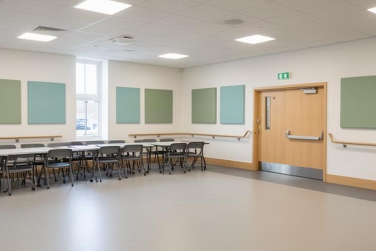Community facility interior with a refreshed multipurpose room, accessible doorway and durable public-use finishes